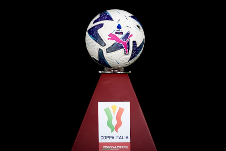 The official Serie A match ball Puma Orbita is seen on a...