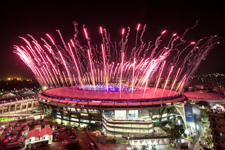 Fireworks Explode Over Rio's Maracana Stadium During The 2016 Olympic Games Opening Ceremony
