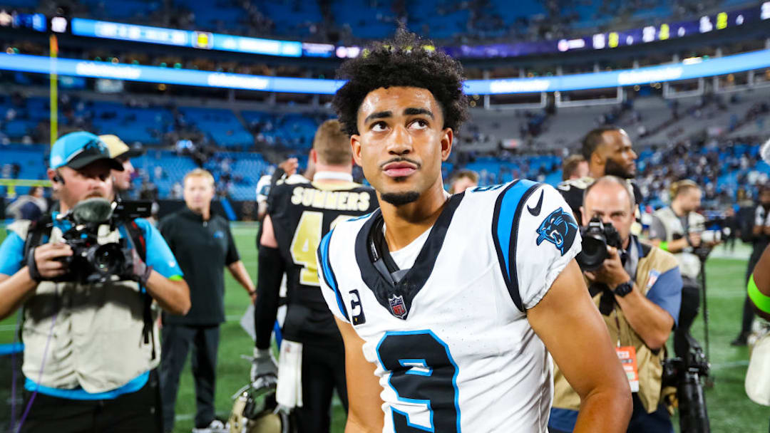 CHARLOTTE, NC - SEPTEMBER 18: Bryce Young #9 of the Carolina Panthers looks into the distance after a football game against the New Orleans Saints at Bank of America Stadium in Charlotte, North Carolina on Sep 18, 2023.