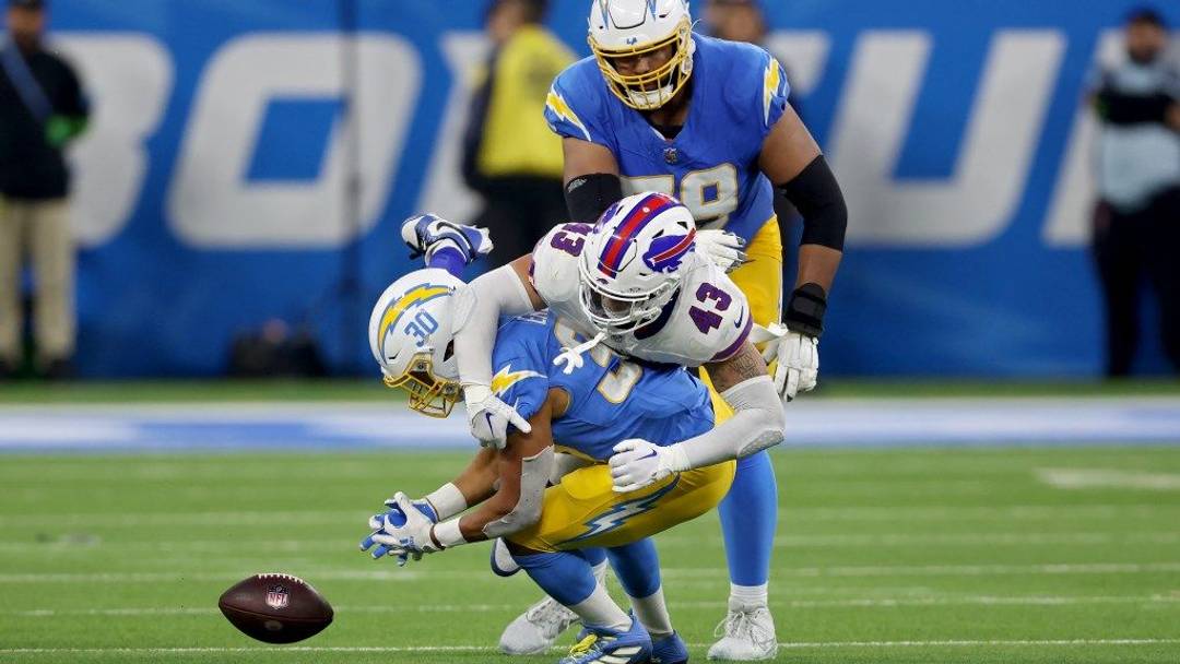 Terrel Bernard with the pass break up against Austin Ekeler of the Los Angeles Chargers. Terrel Bernard with the pass break up against Austin Ekeler of the Los Angeles Chargers.
