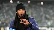 EAST RUTHERFORD, NJ - DECEMBER 22: Amazon Prime Video Thursday Night Football analyst Richard Sherman speaks prior to the game between the Jacksonville Jaguars and the New York Jets at MetLife Stadium on December 22, 2022 in East Rutherford, New Jersey. 
