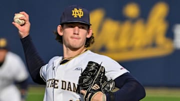 Notre Dame   s Rory Fox (10) pitches in the third inning against Western Michigan Tuesday, March 19, 2024, at Frank Eck Stadium.