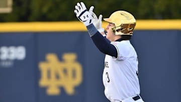 Notre Dame   s Estevan Moreno (3) reacts after hitting a double in the bottom of the sixth inning against Western Michigan Tuesday, March 19, 2024, at Frank Eck Stadium.