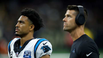 NEW ORLEANS, LOUISIANA - SEPTEMBER 08: Bryce Young #9 and head coach Dave Canales of the Carolina Panthers look on during the second half against the New Orleans Saints at Caesars Superdome on September 08, 2024 in New Orleans, Louisiana.