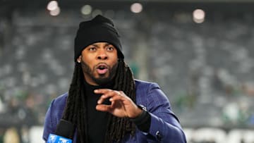 EAST RUTHERFORD, NJ - DECEMBER 22: Amazon Prime Video Thursday Night Football analyst Richard Sherman speaks prior to the game between the Jacksonville Jaguars and the New York Jets at MetLife Stadium on December 22, 2022 in East Rutherford, New Jersey. 