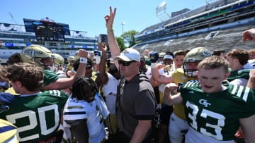 Head coach Brent Key addresses the team during the 2024 Spring Game on April 13.