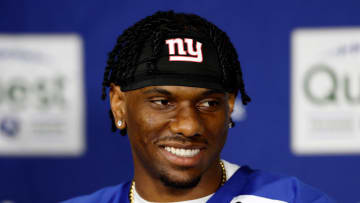 EAST RUTHERFORD, NEW JERSEY - MAY 10: Wide receiver Malik Nabers speaks to the media during New York Giants Rookie Minicamp at Quest Diagnostics Training Center on May 10, 2024 in East Rutherford, New Jersey.