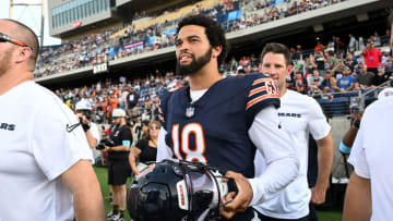 CANTON, OHIO - AUGUST 01: Caleb Williams #18 of the Chicago Bears looks on prior to the 2024 Pro Football Hall of Fame Game against the Houston Texans at Tom Benson Hall Of Fame Stadium on August 01, 2024 in Canton, Ohio.