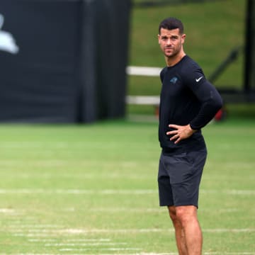 CHARLOTTE, NORTH CAROLINA - JUNE 04: Head coach Dave Canales of the Carolina Panthers attends Carolina Panthers OTA Offseason Workout on June 04, 2024 in Charlotte, North Carolina.