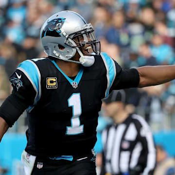 CHARLOTTE, NC - NOVEMBER 25: Cam Newton #1 of the Carolina Panthers reacts to a touchdown against the Seattle Seahawks in the third quarter during their game at Bank of America Stadium on November 25, 2018 in Charlotte, North Carolina.