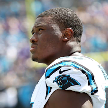 CHARLOTTE, NC - OCTOBER 01: Carolina Panthers defensive tackle Derrick Brown (95) during an NFL football game between the Minnesota Vikings and the Carolina Panthers on October 1, 2023 at Bank of America Stadium in Charlotte, N.C.