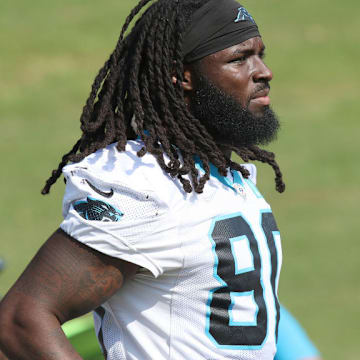 SPARTANBURG, SC - JULY 27: Carolina Panthers tight end Ian Thomas (80) during the NFL Carolina Panthers training camp on July 27, 2023, at Wofford College campus in Spartanburg, S.C.