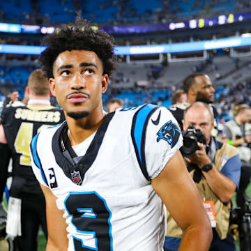 CHARLOTTE, NC - SEPTEMBER 18: Bryce Young #9 of the Carolina Panthers looks into the distance after a football game against the New Orleans Saints at Bank of America Stadium in Charlotte, North Carolina on Sep 18, 2023.