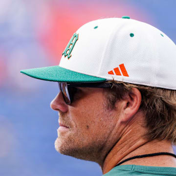 GAINESVILLE, FLORIDA - AUGUST 31: Former Miami Hurricanes and NFL tight end Greg Olsen looks on before the start of a game between the Florida Gators and the Miami Hurricanes at Ben Hill Griffin Stadium on August 31, 2024 in Gainesville, Florida.