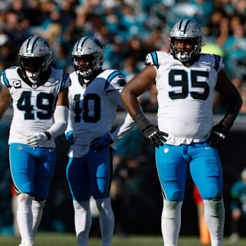 JACKSONVILLE, FL - DECEMBER 31: Carolina Panthers defensive tackle Derrick Brown (95) lines up for a play during the game between the Jacksonville Jaguars and the Carolina Panthers on December 31, 2023 at EverBank Stadium in Jacksonville, Fl.