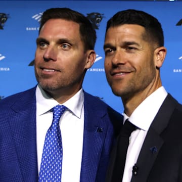 CHARLOTTE, NORTH CAROLINA - FEBRUARY 01: Carolina Panthers President of Football Operations Dan Morgan and Head Coach Dave Canales pose for a photo after speaking with the media as the Carolina Panthers introduce Canales as their new Head Coach at Bank of America Stadium on February 01, 2024 in Charlotte, North Carolina.