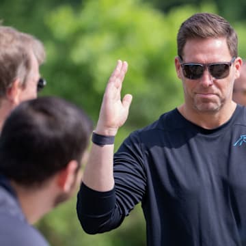 CHARLOTTE, NORTH CAROLINA - MAY 10: General Manager Dan Morgan of the Carolina Panthers looks on before rookie minicamp on May 10, 2024 in Charlotte, North Carolina.