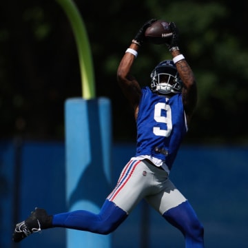 EAST RUTHERFORD, NEW JERSEY - MAY 30: Malik Nabers #9 of the New York Giants makes a catch during OTA Offseason Workouts at NY Giants Quest Diagnostics Training Center on May 30, 2024 in East Rutherford, New Jersey.