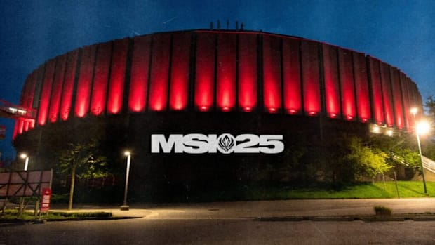Stadium with MSI25 on the front, lit up red. 