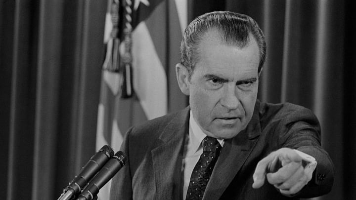 President Nixon Pointing During Press Conference