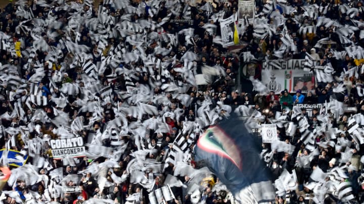 Fans of Juventus FC show their support prior to the Serie A...