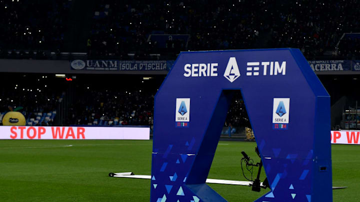 The Serie A setup is seen on the pitch while the writing...