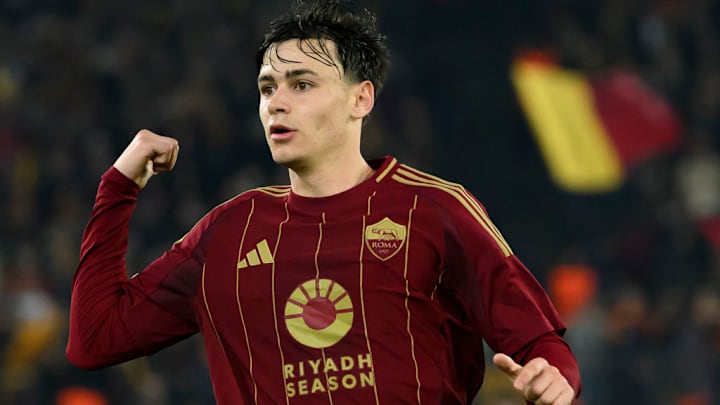 Niccolo Pisilli of AS Roma gestures during the Europa League...