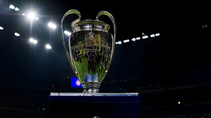 The Champions League trophy is seen prior the UEFA Champions...