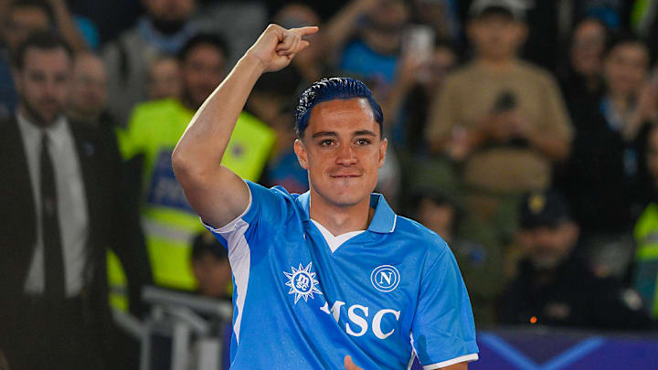 Giacomo Raspadori of SSC Napoli celebrates during the award...