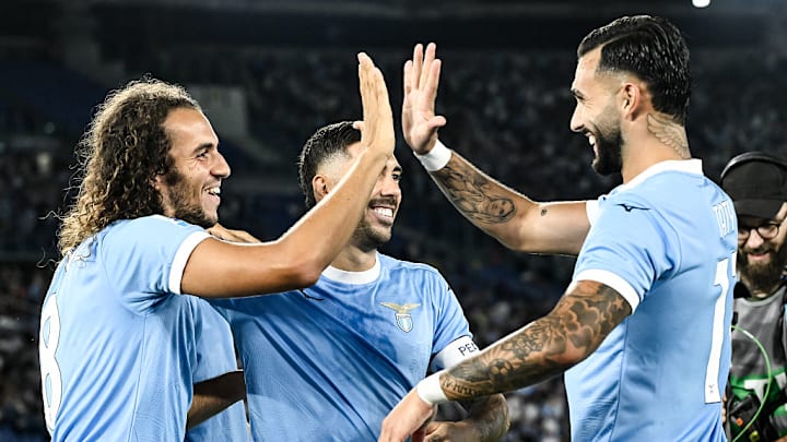 Matteo Guendouzi of SS Lazio celebrates with Mattia Zaccagni...