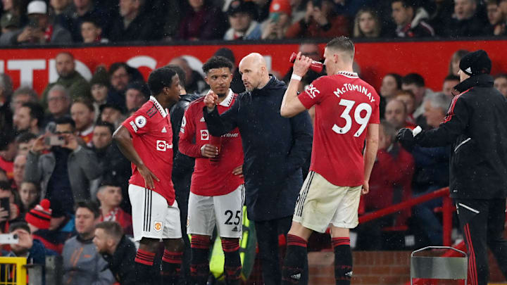Erik ten Hag, Tyrell Malacia, Jadon Sancho, Scott McTominay