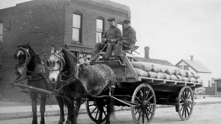 Two delivery men sit atop a horse drawn wagon, ca. 1900