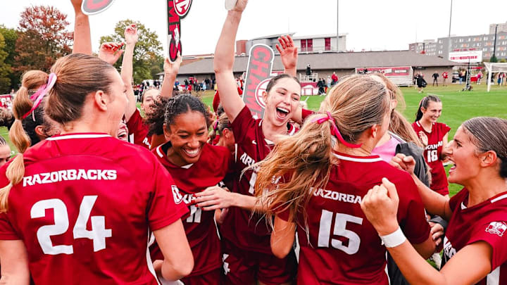 No. 6 Arkansas soccer players celebrate their SEC regular season championship after being Oklahoma 3-1 on Sunday. No. 6 Arkansas soccer players celebrate their SEC regular season championship after being Oklahoma 3-1 on Sunday.