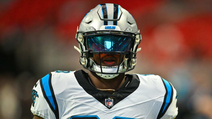 ATLANTA, GA SEPTEMBER 10: Carolina wide receiver Terrace Marshall Jr. (88) warms up prior to the start of the NFL game between the Carolina Panthers and the Atlanta Falcons on September 10th, 2023 at Mercedes-Benz Stadium in Atlanta, GA.