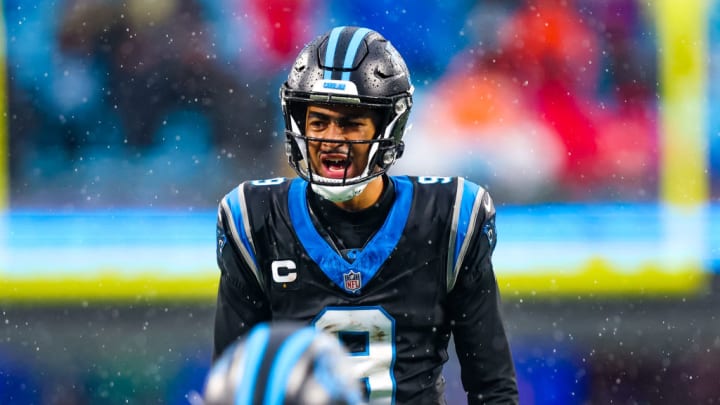 CHARLOTTE, NC - DECEMBER 17: Bryce Young #9 of the Carolina Panthers calls for the snap during an NFL game against the Atlanta Falcons at Bank of America Stadium in Charlotte, North Carolina on Dec 17, 2023.