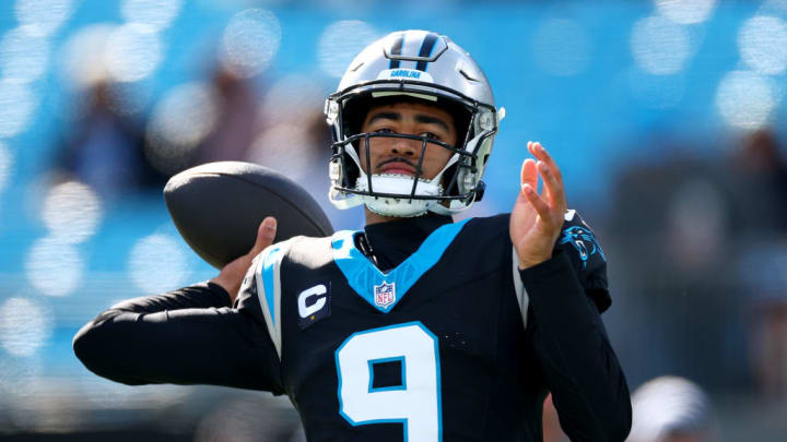 CHARLOTTE, NORTH CAROLINA - JANUARY 07: Bryce Young #9 of the Carolina Panthers warms up before the game against the Tampa Bay Buccaneers at Bank of America Stadium on January 07, 2024 in Charlotte, North Carolina.