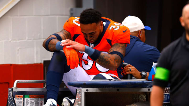 DENVER, COLORADO - SEPTEMBER 10: Caden Sterns #30 of the Denver Broncos is carted toward the locker room after an injury during the second quarter against the Las Vegas Raiders at Empower Field At Mile High on September 10, 2023 in Denver, Colorado.