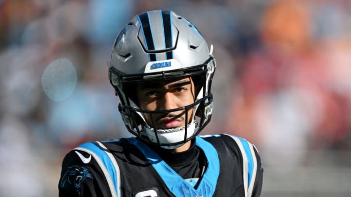 CHARLOTTE, NORTH CAROLINA - JANUARY 07: Bryce Young #9 of the Carolina Panthers looks on during the second quarter against the Tampa Bay Buccaneers at Bank of America Stadium on January 07, 2024 in Charlotte, North Carolina.