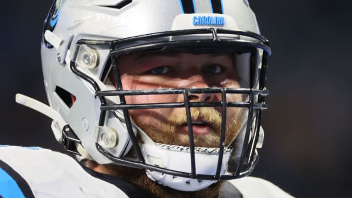 Guard Cade Mays (68) of the Carolina Panthers wams up prior to NFL football game between the Detroit Lions and the Carolina Panthers in Detroit, Michigan USA, on Sunday, October 8, 2023.