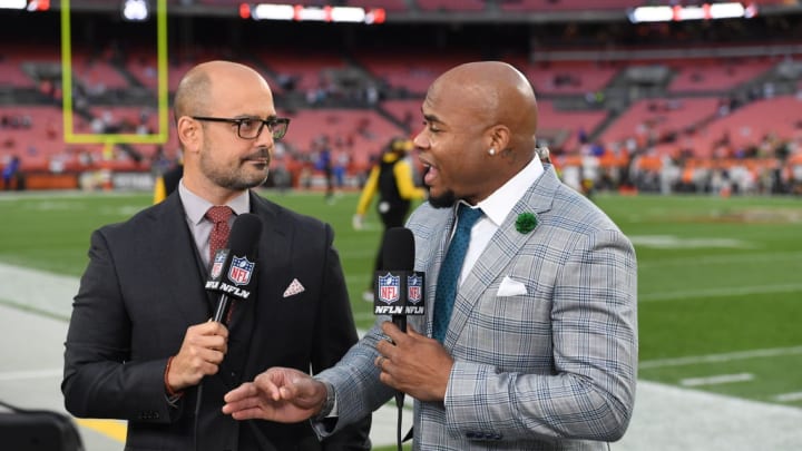 CLEVELAND, OHIO - SEPTEMBER 22: Mike Garafolo and Steve Smith of NFL network talk prior to a game between the Cleveland Browns and the Pittsburgh Steelers at FirstEnergy Stadium on September 22, 2022 in Cleveland, Ohio.