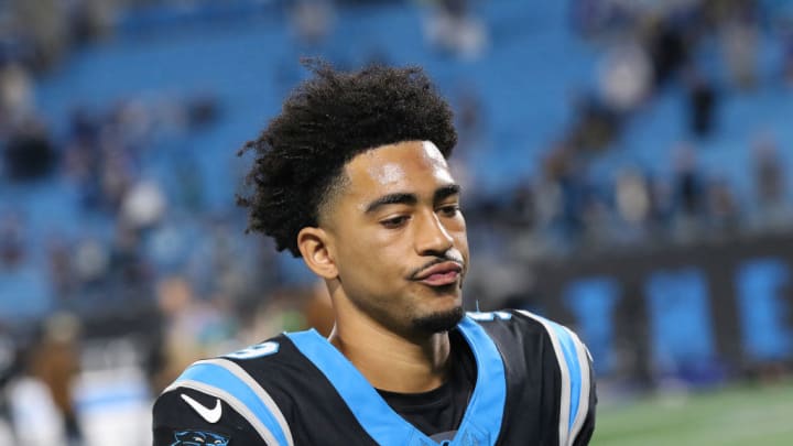 CHARLOTTE, NC - NOVEMBER 05: Carolina Panthers quarterback Bryce Young (9) after the game of a NFL football game between the Indianapolis Colts and the Carolina Panthers on November 5, 2023 at Bank of America Stadium in Charlotte, N.C.