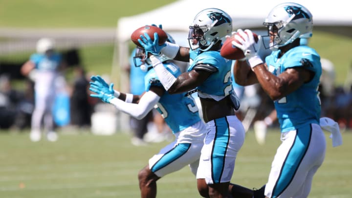 SPARTANBURG, SC - JULY 31: Carolina Panthers secondary run a drill during the NFL Carolina Panthers training camp on July 31, 2023, at Wofford College campus in Spartanburg, S.C.