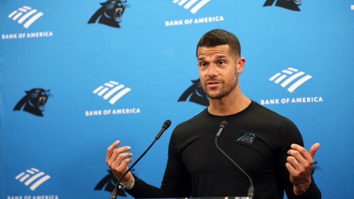 CHARLOTTE, NORTH CAROLINA - JUNE 04: Head coach Dave Canales of the Carolina Panthers speaks with the media during a press conference at Carolina Panthers OTA Offseason Workout on June 04, 2024 in Charlotte, North Carolina. 