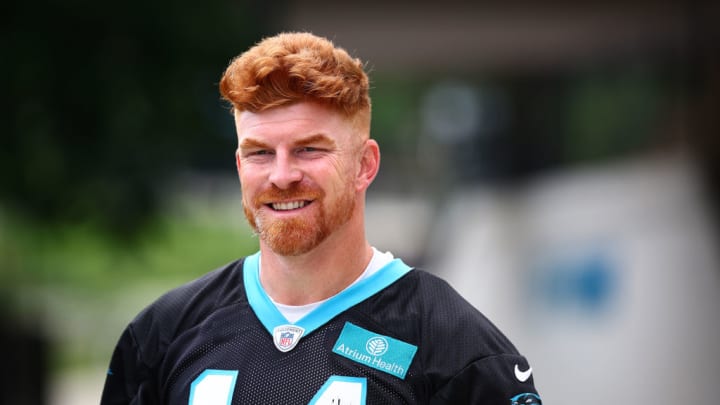 CHARLOTTE, NORTH CAROLINA - JUNE 04: Andy Dalton #14 of the Carolina Panthers attends Carolina Panthers OTA Offseason Workout on June 04, 2024 in Charlotte, North Carolina. 