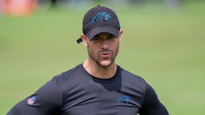 CHARLOTTE, NORTH CAROLINA - MAY 10: Head coach Dave Canales of the Carolina Panthers looks on during rookie minicamp on May 10, 2024 in Charlotte, North Carolina.