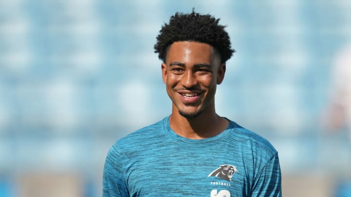 CHARLOTTE, NORTH CAROLINA - AUGUST 17: Bryce Young #9 of the Carolina Panthers warms up before their preseason game against the New York Jets at Bank of America Stadium on August 17, 2024 in Charlotte, North Carolina. 