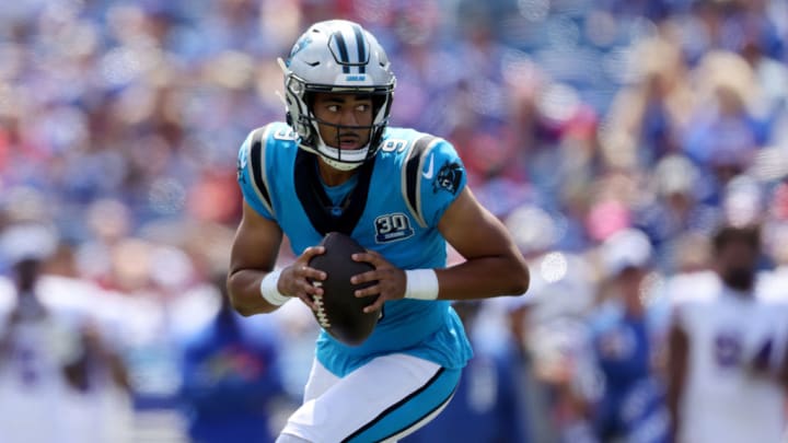 ORCHARD PARK, NEW YORK - AUGUST 24: Bryce Young #9 of the Carolina Panthers looks to pass during the first quarter of a preseason game against the Buffalo Bills at Highmark Stadium on August 24, 2024 in Orchard Park, New York.