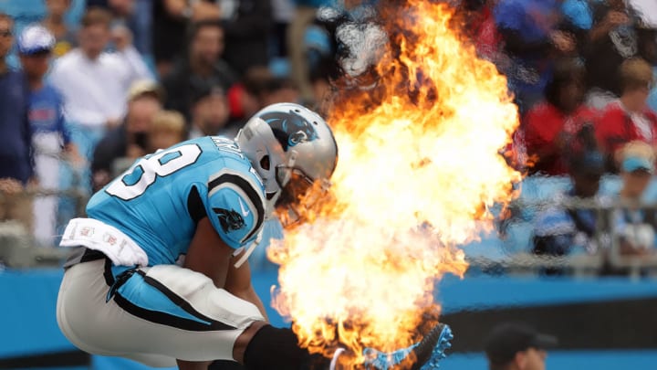 CHARLOTTE, NC - NOVEMBER 05: Jonathan Stewart #28 of the Carolina Panthers takes the field against the Atlanta Falcons before their game at Bank of America Stadium on November 5, 2017 in Charlotte, North Carolina.