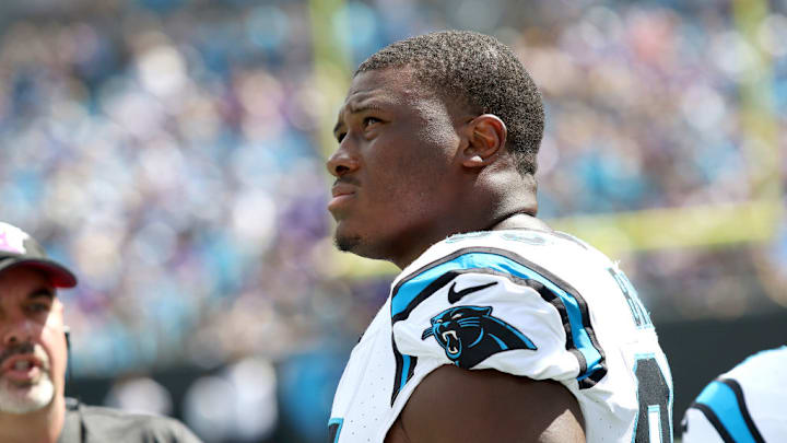 CHARLOTTE, NC - OCTOBER 01: Carolina Panthers defensive tackle Derrick Brown (95) during an NFL football game between the Minnesota Vikings and the Carolina Panthers on October 1, 2023 at Bank of America Stadium in Charlotte, N.C.