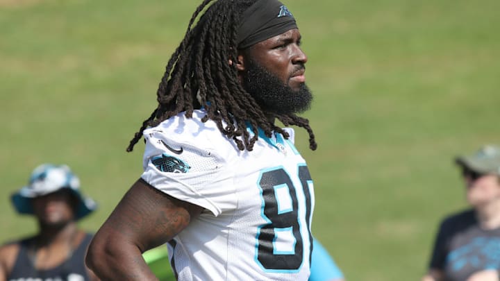 SPARTANBURG, SC - JULY 27: Carolina Panthers tight end Ian Thomas (80) during the NFL Carolina Panthers training camp on July 27, 2023, at Wofford College campus in Spartanburg, S.C.